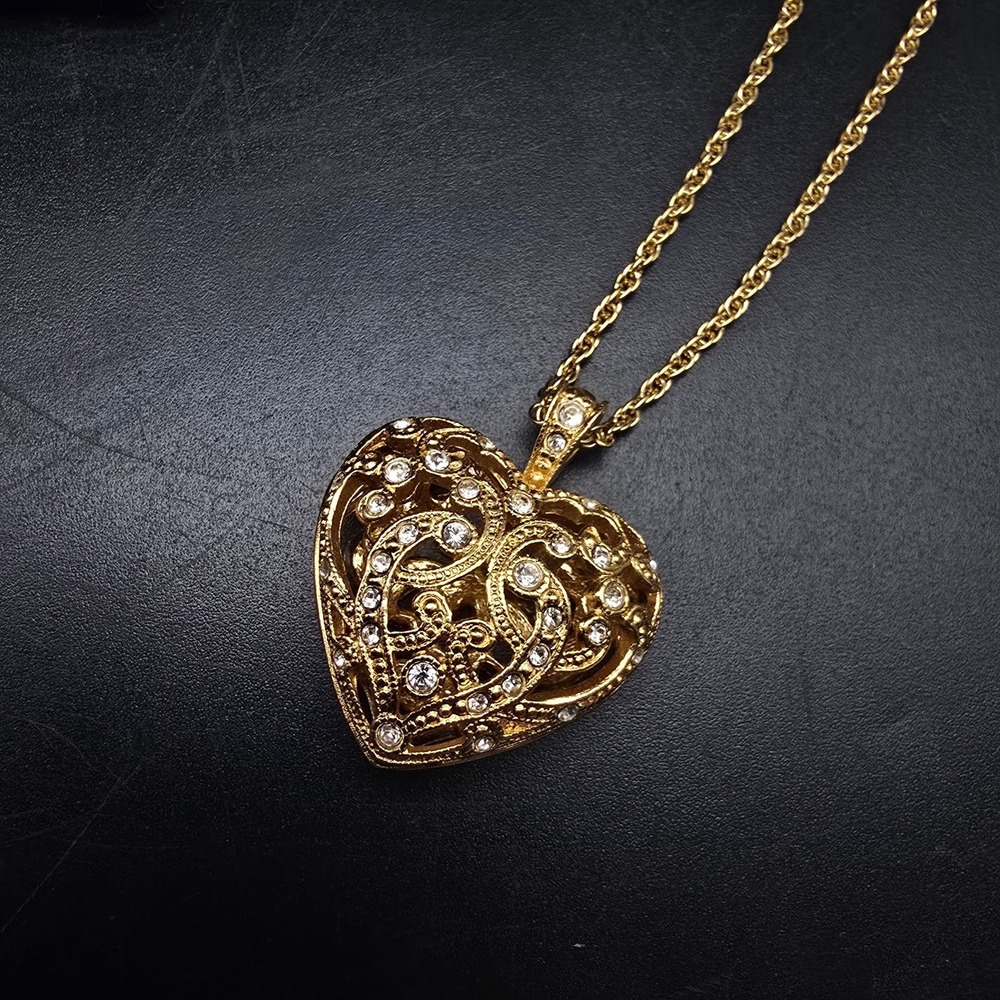 Avon 1997 Open Pave Heart Necklace Filigree Rhinestone Gold Tone Vintage Jewelry